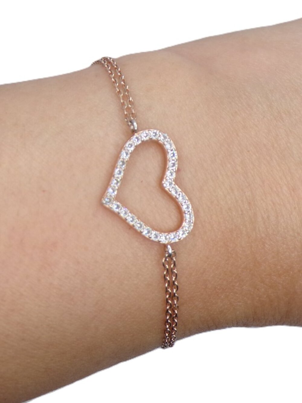💖 Rose Gold Heart Bracelet – Sterling Silver & Cubic Zirconia